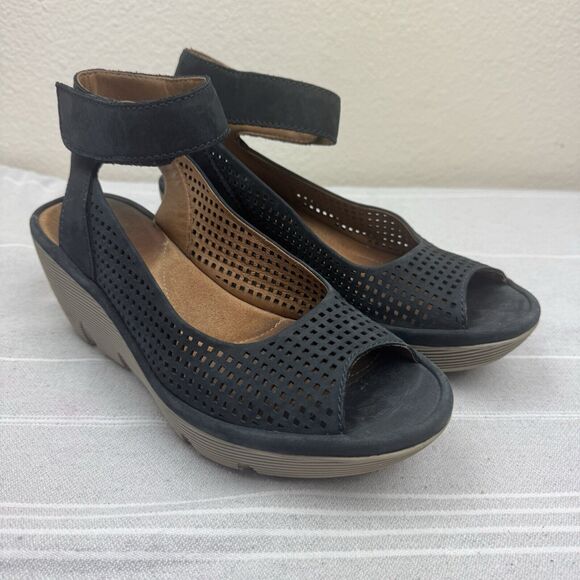 Clarks Shoes - Clark’s Collection Reedly Salene Wedge Sandals Leather Peep Toe Black 8.5